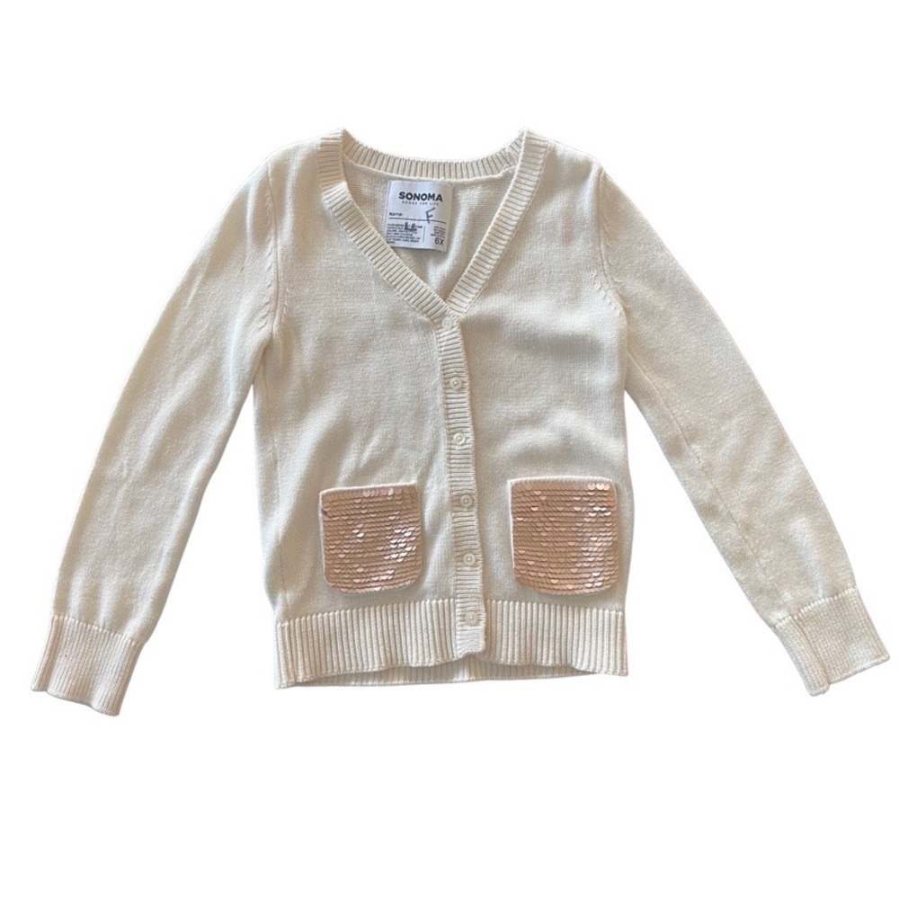 Girls Cream Sweater with Sequin Pockets, Size 6